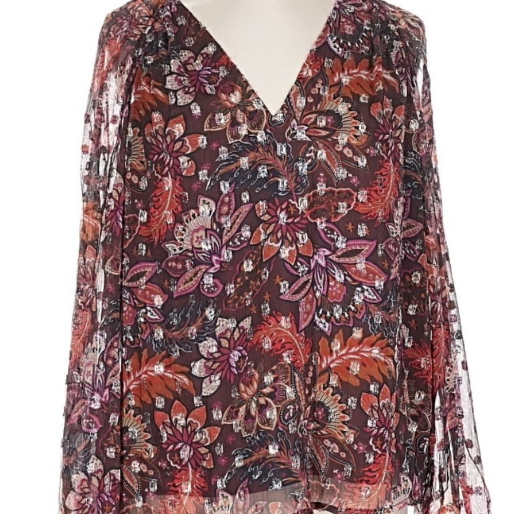 LOFT Floral V-Neck Sheer Blouse in Brown, Red, and Pink